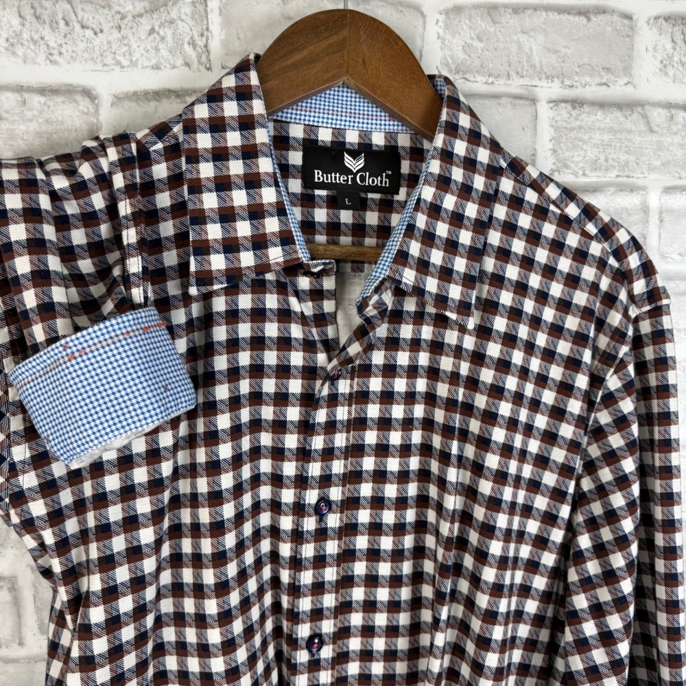 Butter Cloth Mens Large Brown Blue Gingham Check Long Sleeve Button Down Shirt